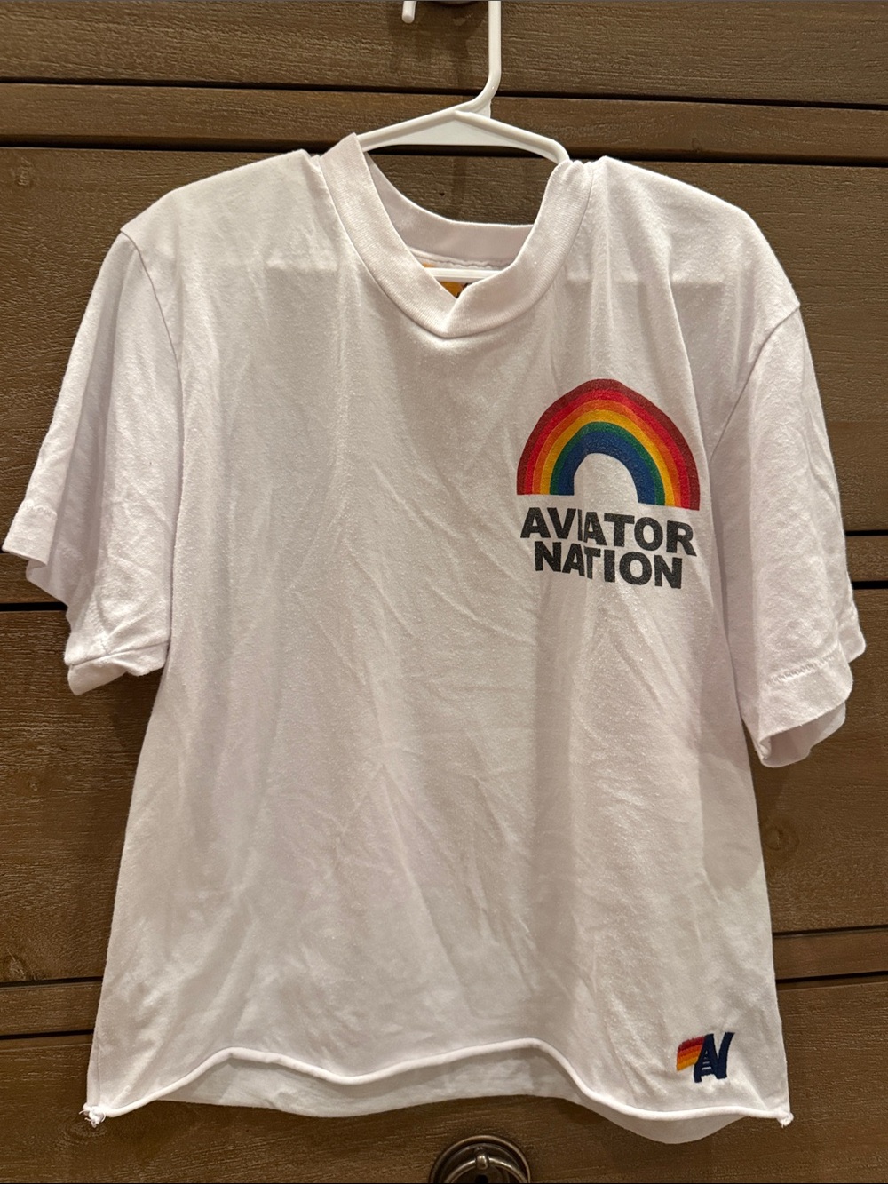 Aviator Nation White Tee with Rainbow Chest Print